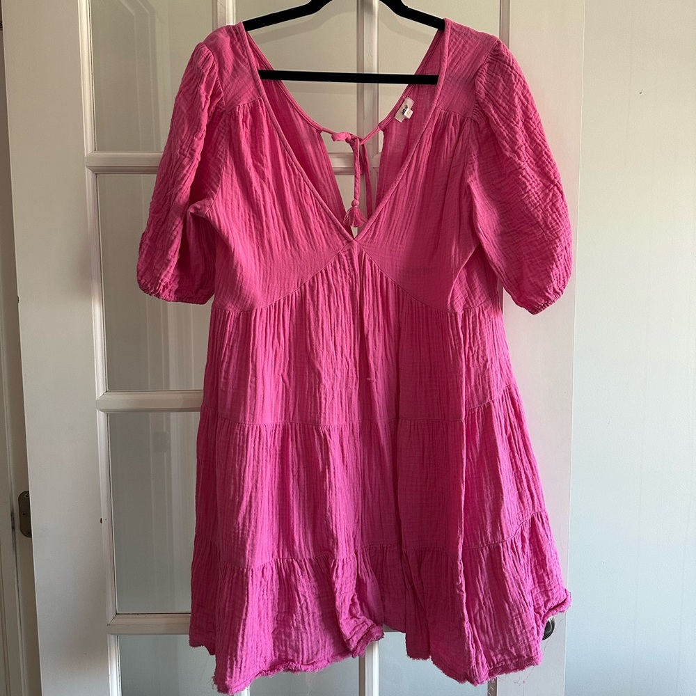 Aerie Pink Puff Sleeve V-Neck Sundress